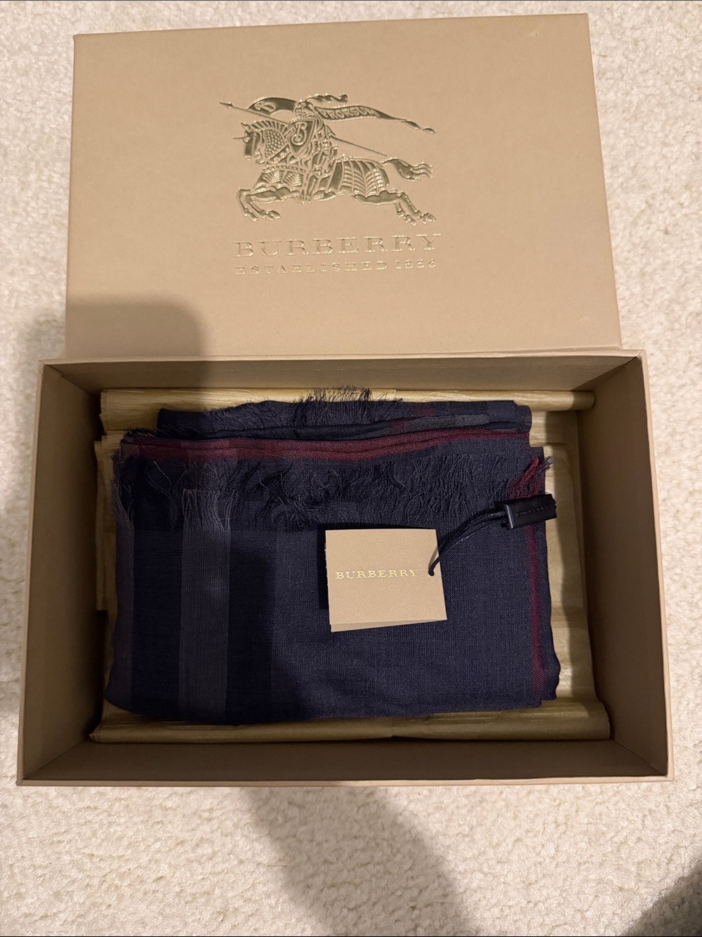 Burberry Navy Scarf with Maroon Edge